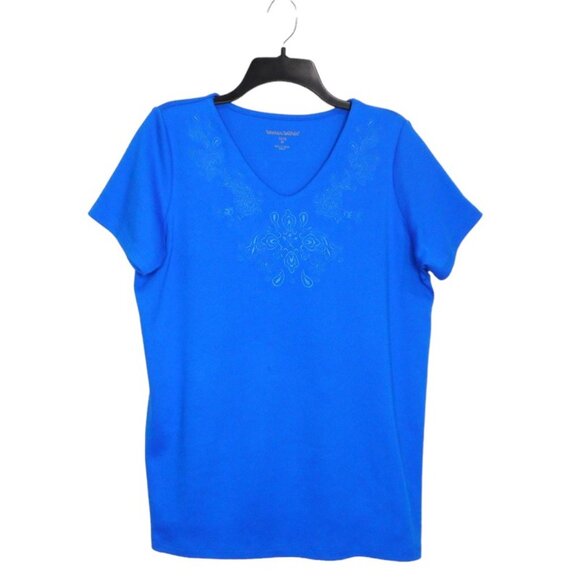 Woman Within Top Plus M 14 16 Blue Cotton Blend Short Sleeve Embroidered Tee - Picture 1 of 10